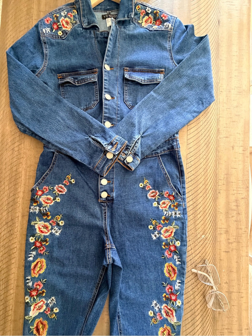 VENUS Embroidered Blue Denim Jumpsuit with Floral Accents